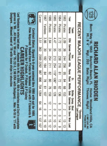 Vintage 1988 Donruss Rick Rhoden baseball card with NY Yankees team stats and highlights