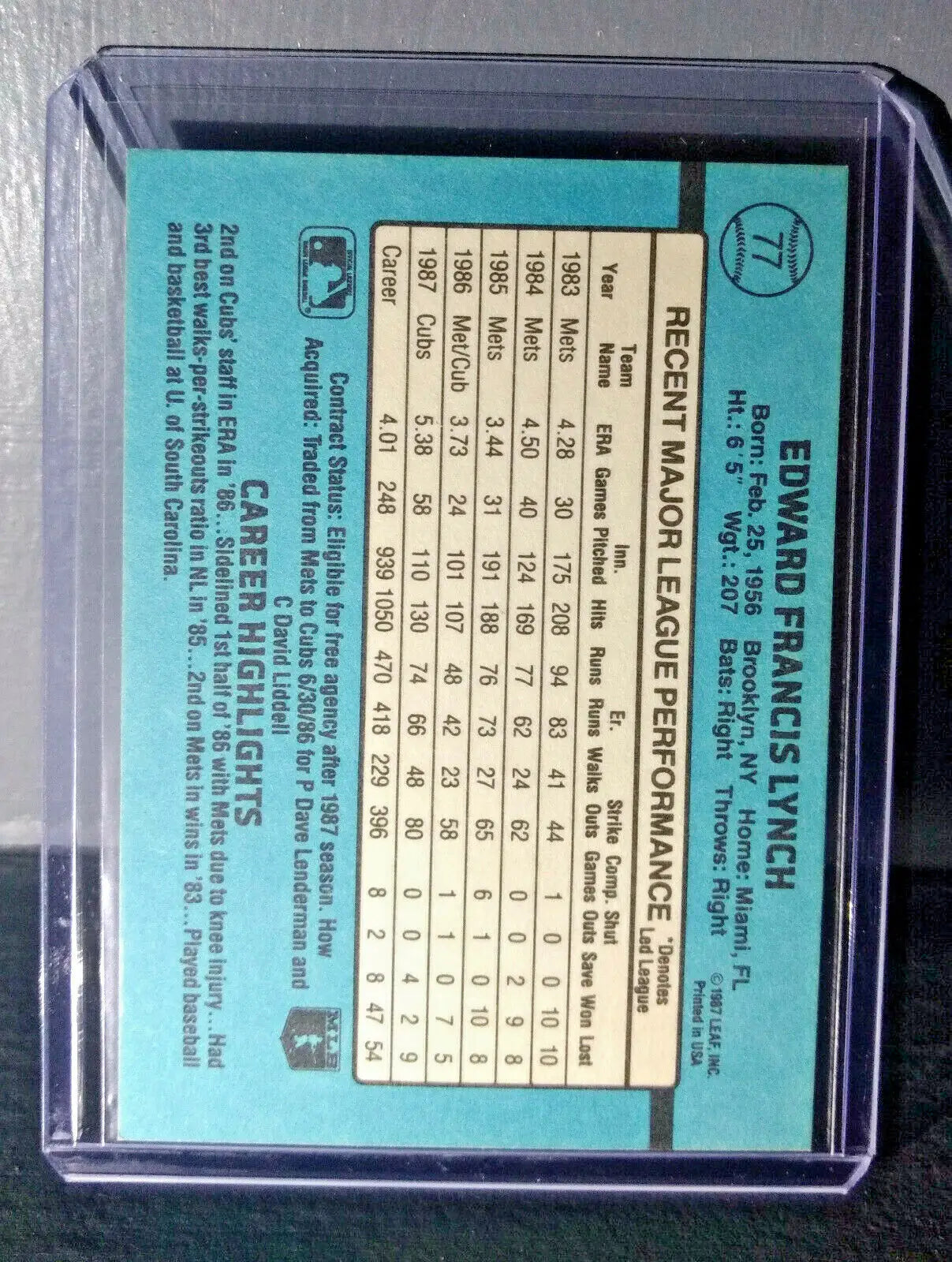 1988 Ed Lynch Donruss #77 Baseball Card