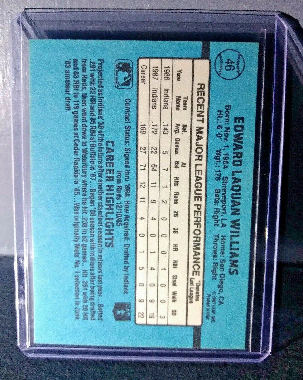 1988 Eddie Williams Donruss Rated Rookie #46 Baseball Card - Baseball Card Single