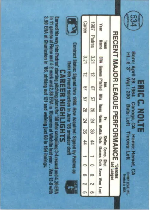1988 Eric Nolte Donruss Baseball Card #534