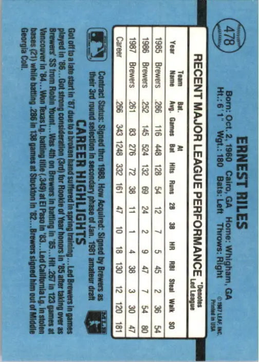 1988 Ernest Riles Donruss Baseball Card #478 - Baseball Card Single