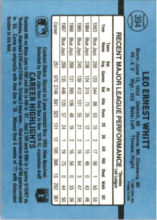 1988 Ernie Whitt Donruss Baseball Card #394 - Baseball Card Single