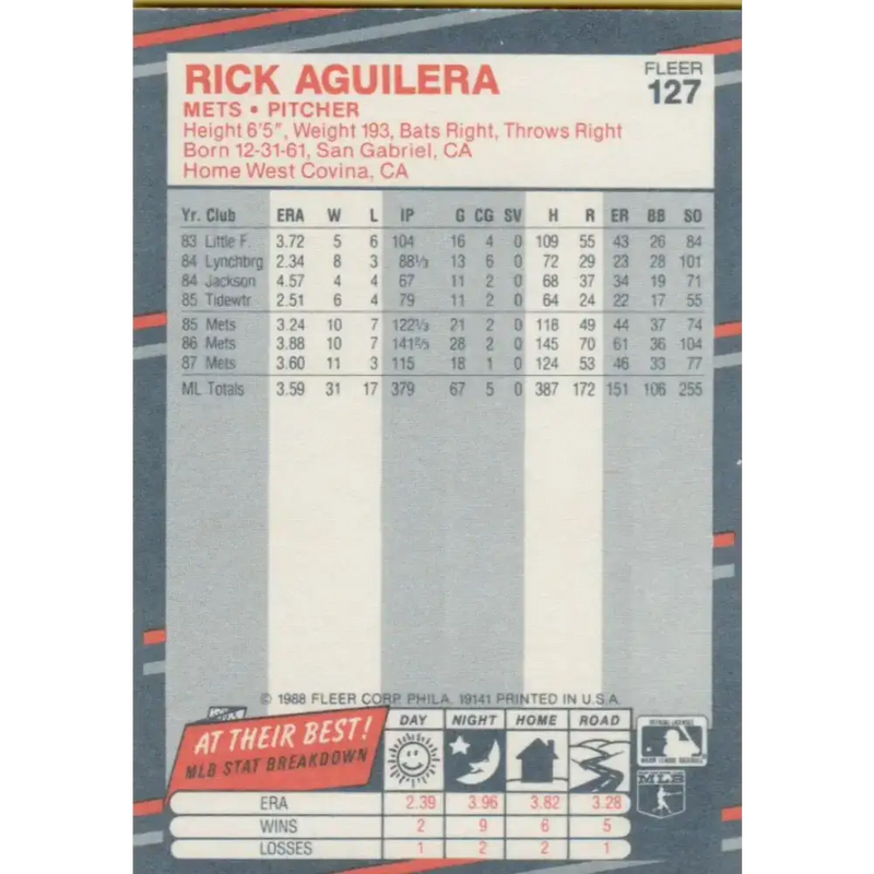 1988 Fleer #127 Rick Aguilera EX Excellent New York Mets Baseball Card - Baseball Card Single