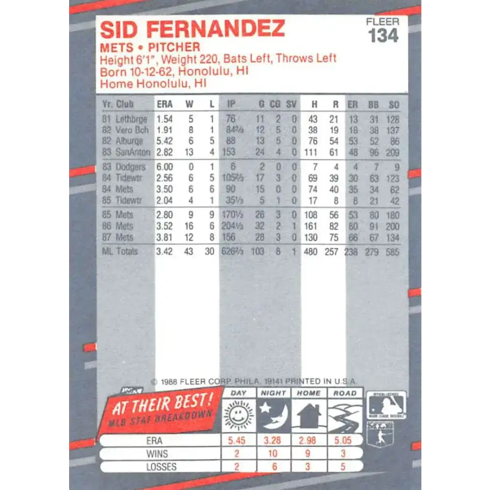 1988 Fleer #134 Sid Fernandez EX Excellent New York Mets Baseball Card - Baseball Card Single