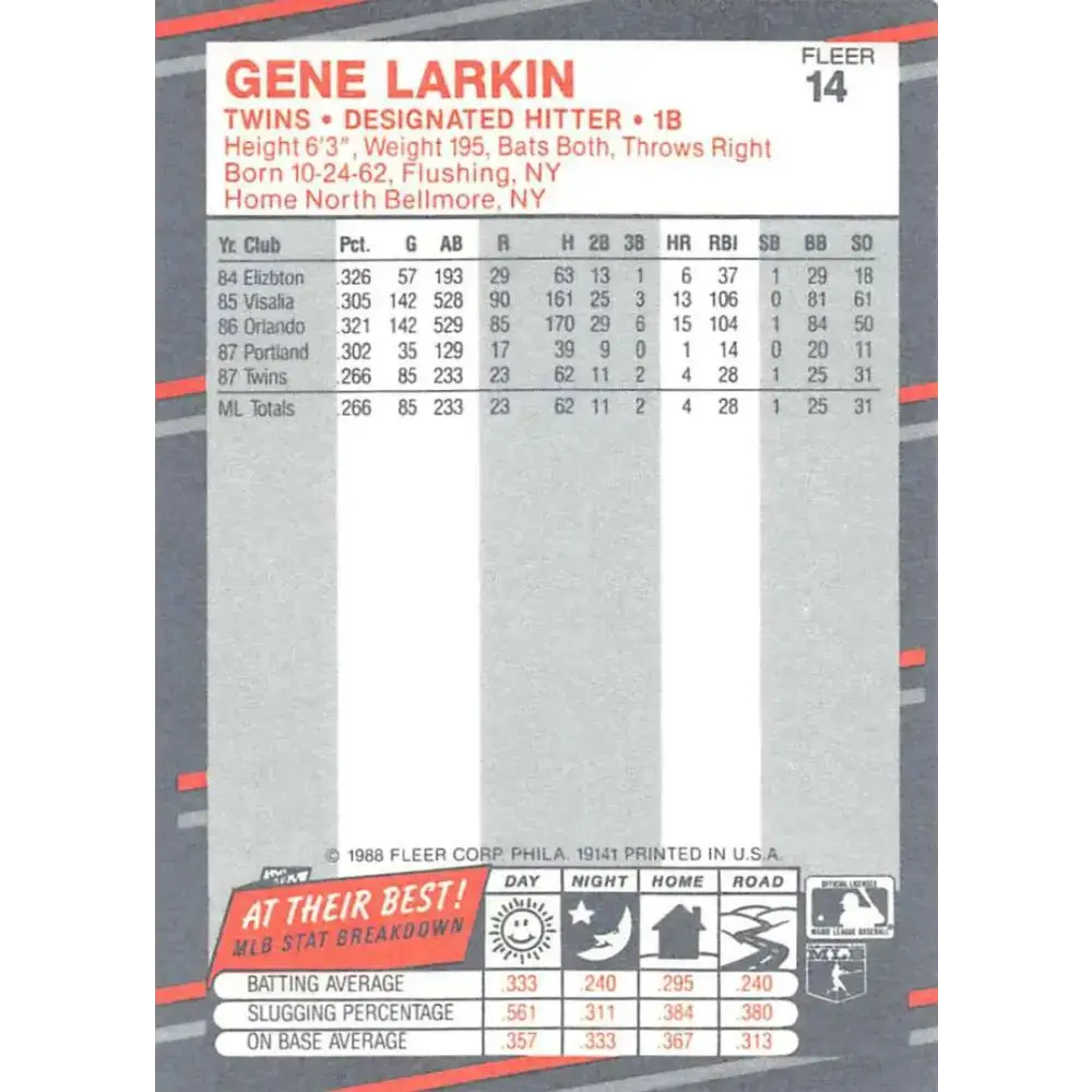 1988 Fleer #14 Gene Larkin EX Excellent RC Rookie Minnesota Twins Baseball Card