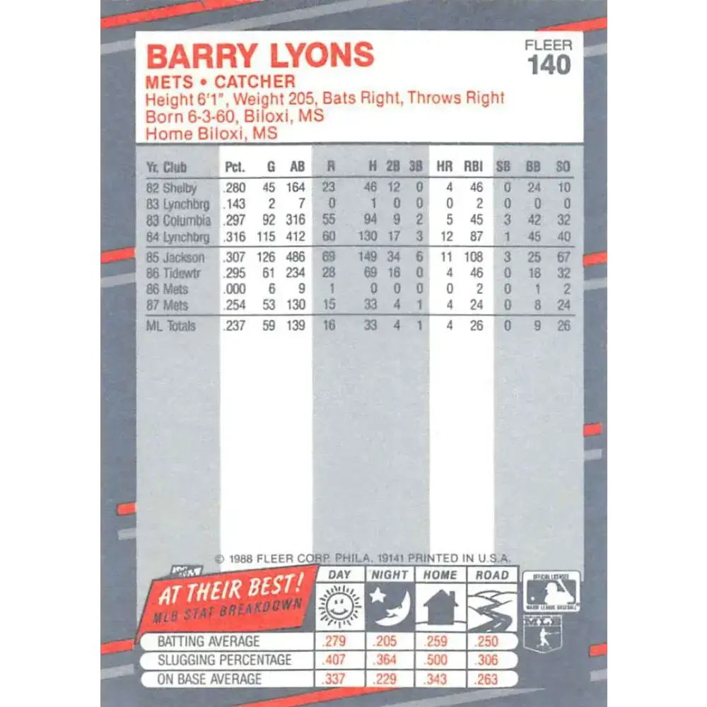 1988 Fleer #140 Barry Lyons EX Excellent RC Rookie New York Mets Baseball Card - Baseball Card Single