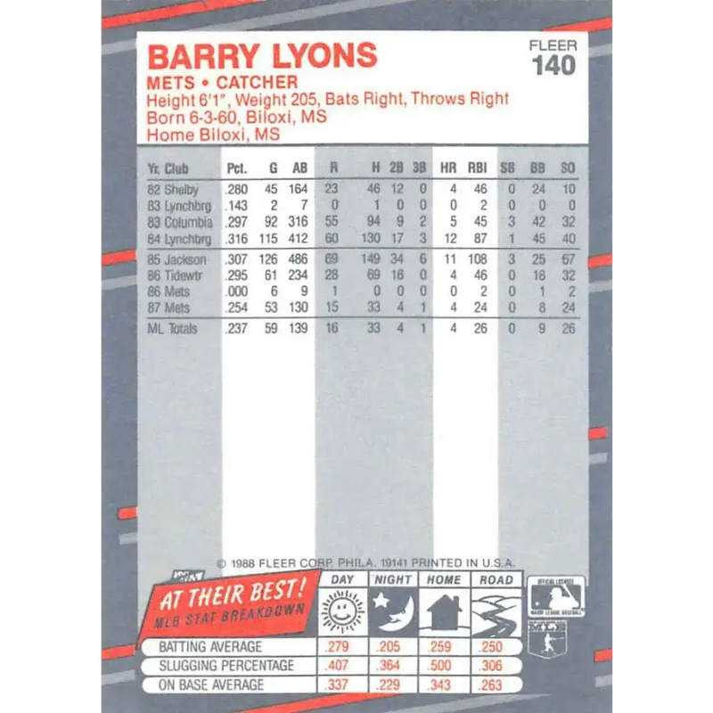 1988 Fleer #140 Barry Lyons EX Excellent RC Rookie New York Mets Baseball Card - Baseball Card Single