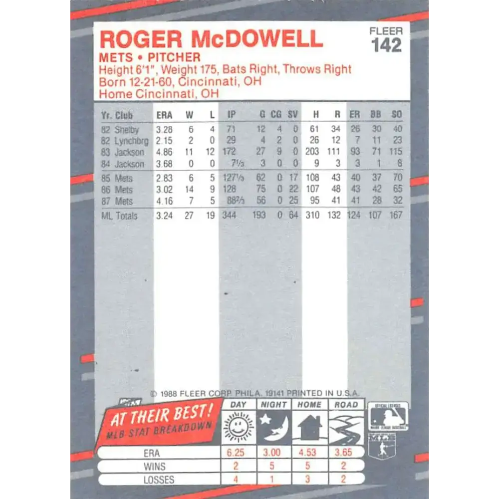 1988 Fleer #142 Roger McDowell EX Excellent New York Mets Baseball Card - Baseball Card Single