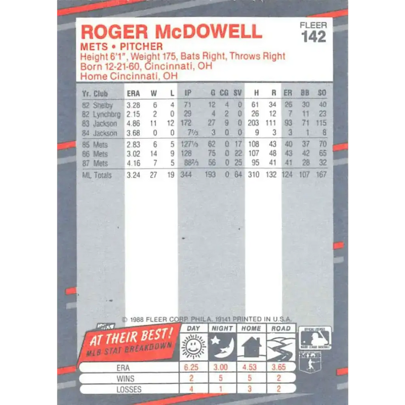 1988 Fleer #142 Roger McDowell EX Excellent New York Mets Baseball Card - Baseball Card Single