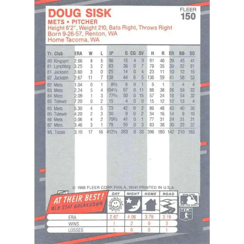 1988 Fleer #150 Doug Sisk EX Excellent New York Mets Baseball Card - Baseball Card Single