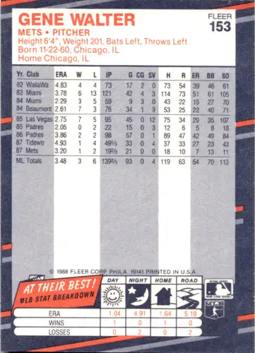 1988 Fleer Gene Walter baseball card with original gloss featuring Gene Walter, Mets card