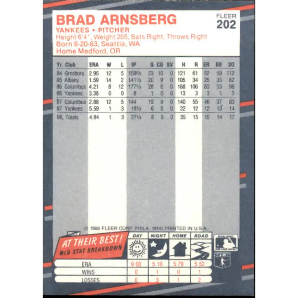 1988 Fleer #202 Brad Arnsberg EX Excellent RC Rookie New York Yankees Baseball Card - Baseball Card Single