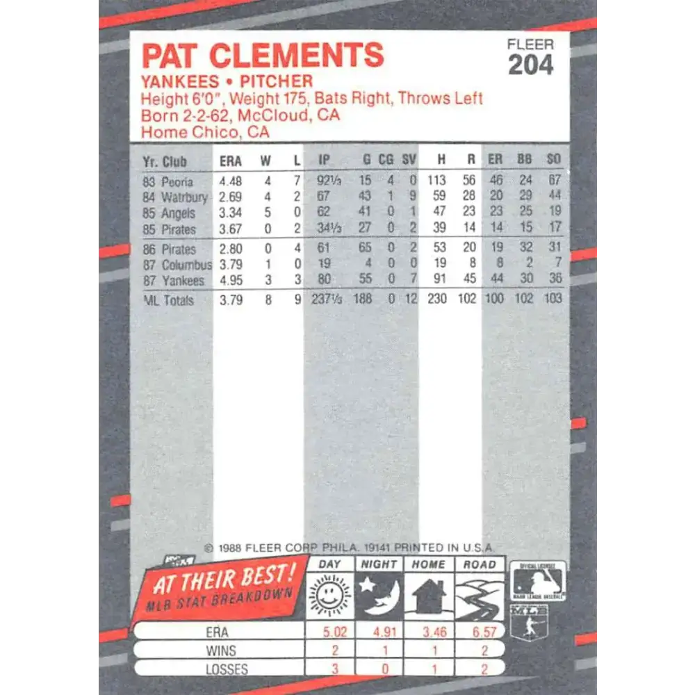 1988 Fleer #204 Pat Clements EX Excellent New York Yankees Baseball Card - Baseball Card Single