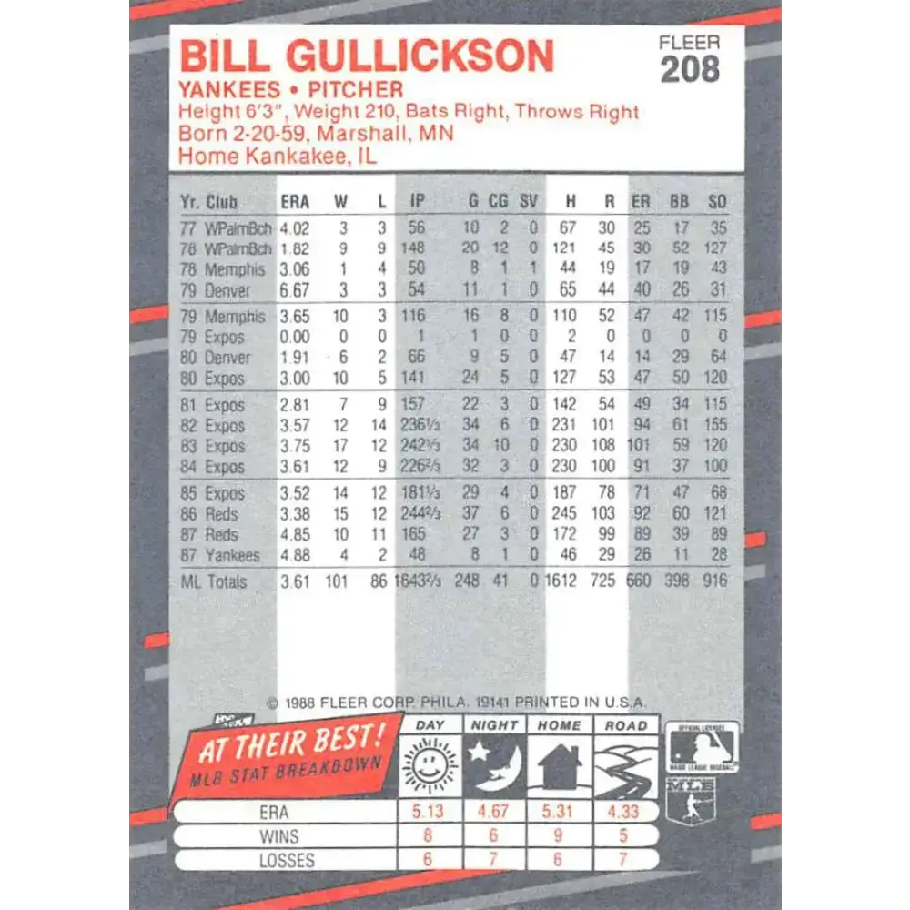 1988 Fleer #207 Ron Guidry EX Excellent New York Yankees Baseball Card - Baseball Card Single