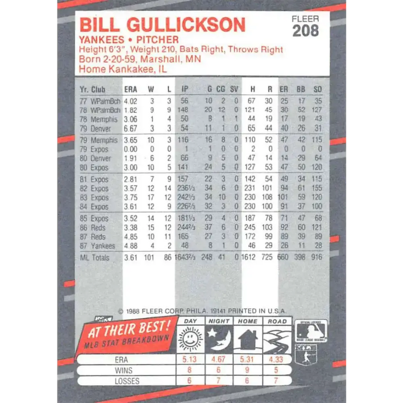1988 Fleer #207 Ron Guidry EX Excellent New York Yankees Baseball Card - Baseball Card Single