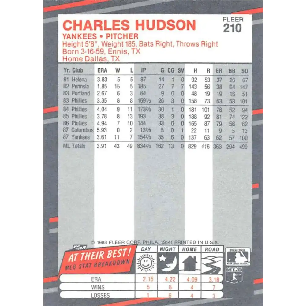 1988 Fleer #210 Charles Hudson EX Excellent New York Yankees Baseball Card - Baseball Card Single