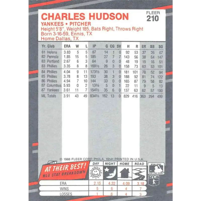 1988 Fleer #210 Charles Hudson EX Excellent New York Yankees Baseball Card - Baseball Card Single