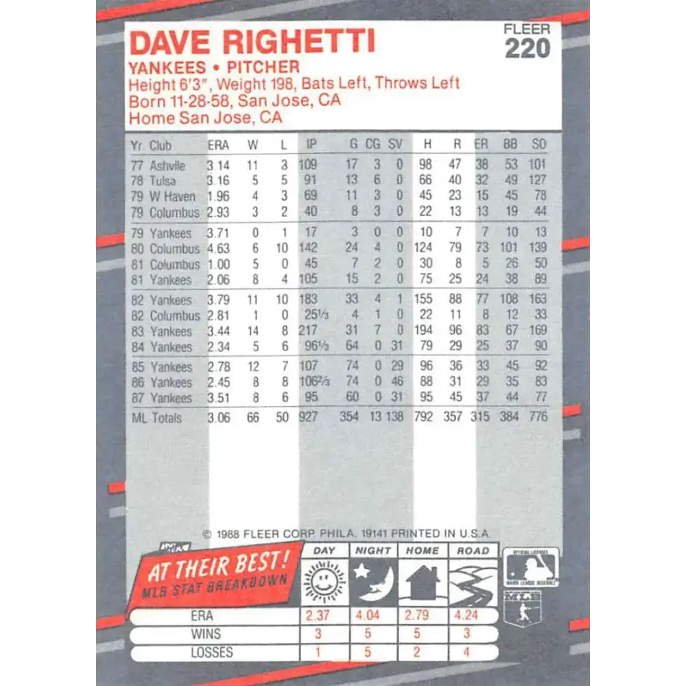 1988 Fleer #220 Dave Righetti EX Excellent New York Yankees Baseball Card - Baseball Card Single