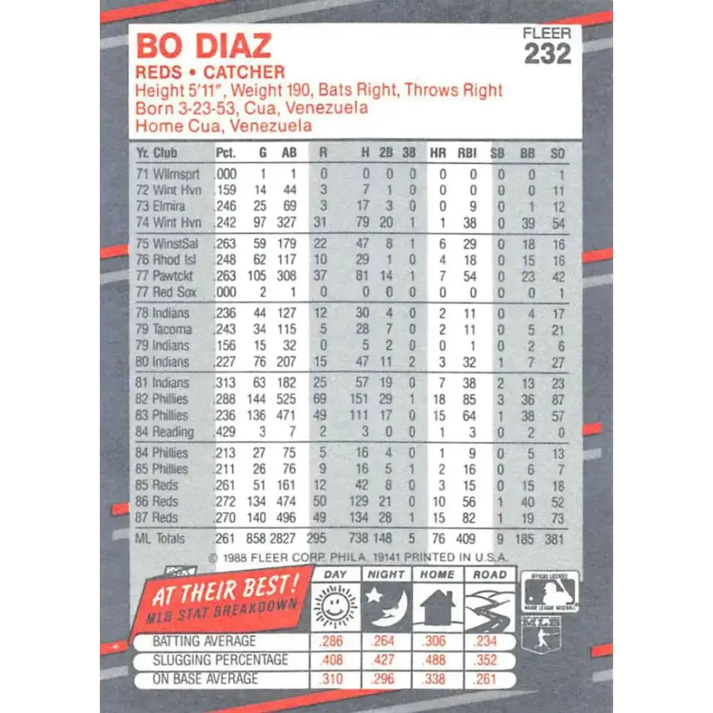 1988 Fleer #232 Bo Diaz EX Excellent Cincinnati Reds Baseball Card - Baseball Card Single