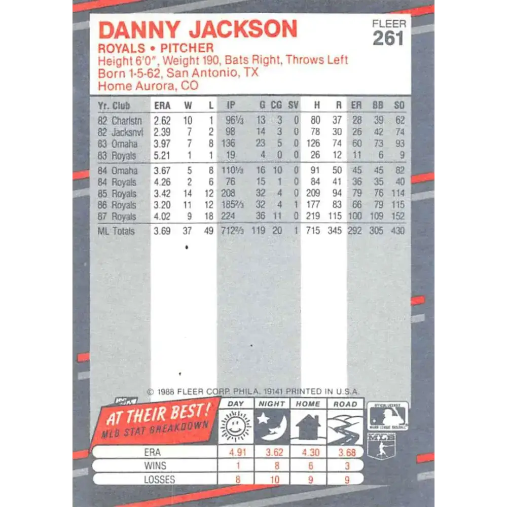 1988 Fleer #261 Danny Jackson EX Excellent Kansas City Royals Baseball Card - Baseball Card Single