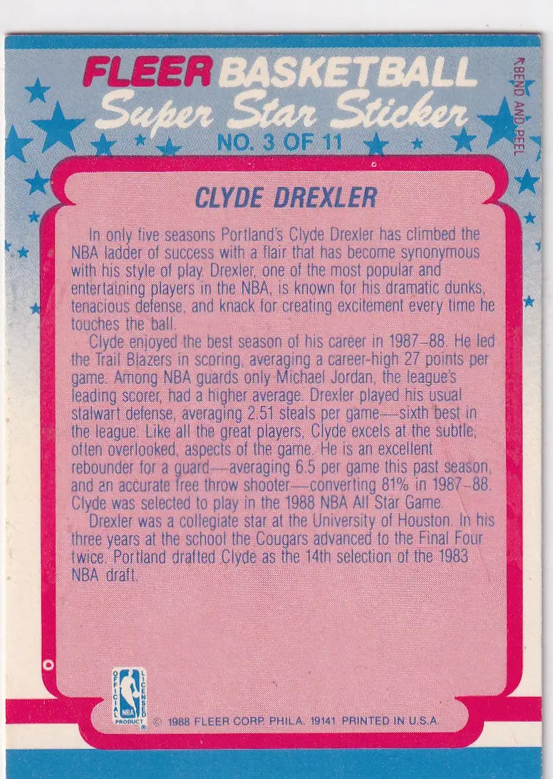 1988 FLEER #3 CLYDE DREXLER SUPER STAR STICKER- PORTLAND TRAIL BLAZZERS - Basketball Card Single