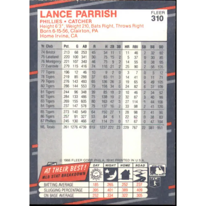 1988 Fleer #310 Lance Parrish EX Excellent Philadelphia Phillies Baseball Card - Baseball Card Single