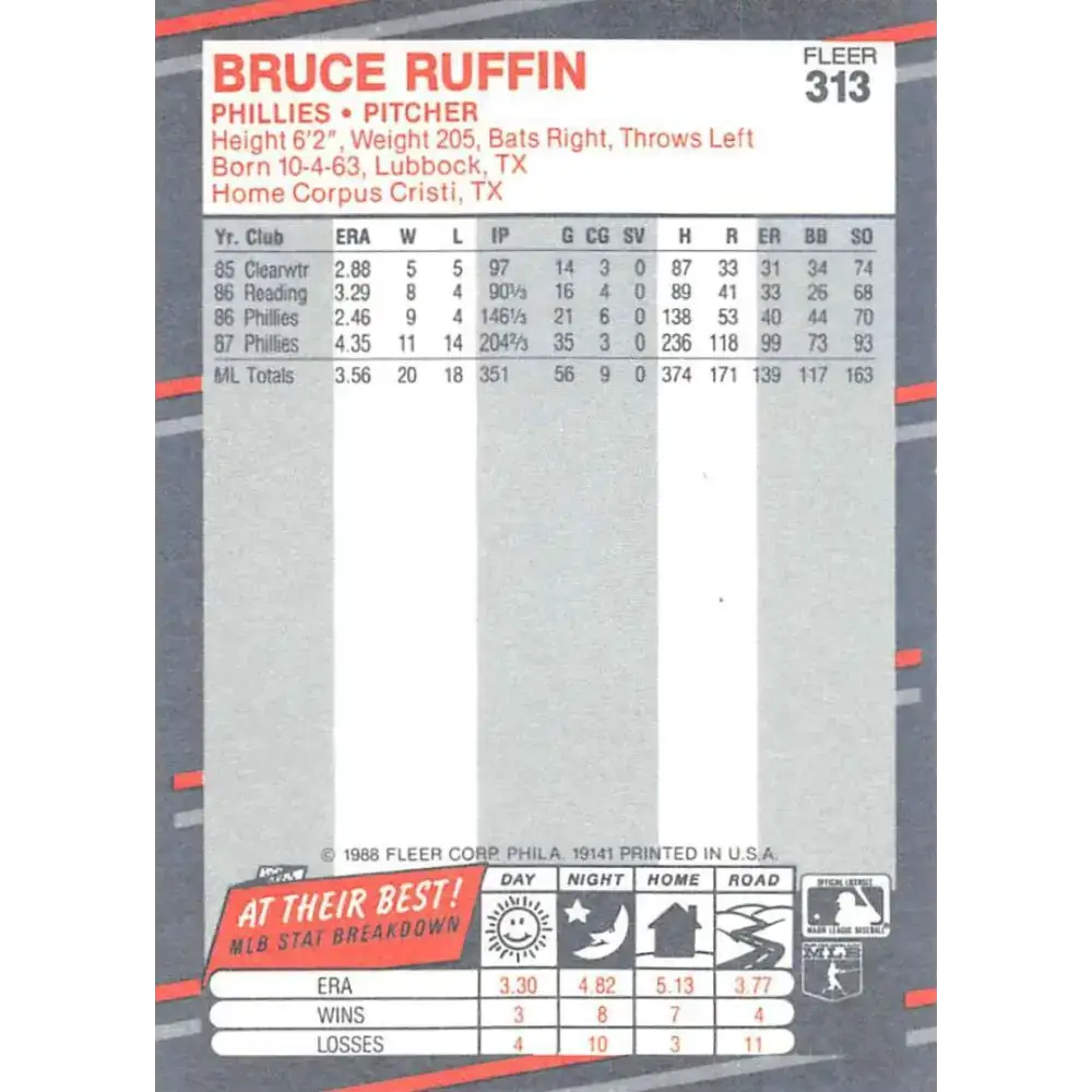 1988 Fleer #313 Bruce Ruffin EX Excellent Philadelphia Phillies Baseball Card - Baseball Card Single