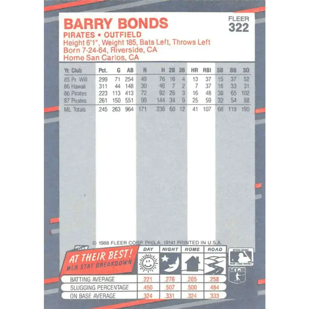 1988 Fleer #322 Barry Bonds EX Excellent Pittsburgh Pirates Baseball Card - Baseball Card Single