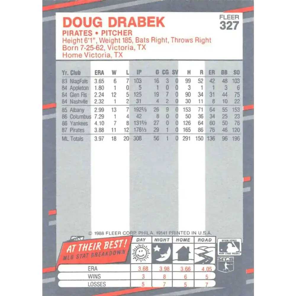 1988 Fleer #327 Doug Drabek EX Excellent Pittsburgh Pirates Baseball Card - Baseball Card Single