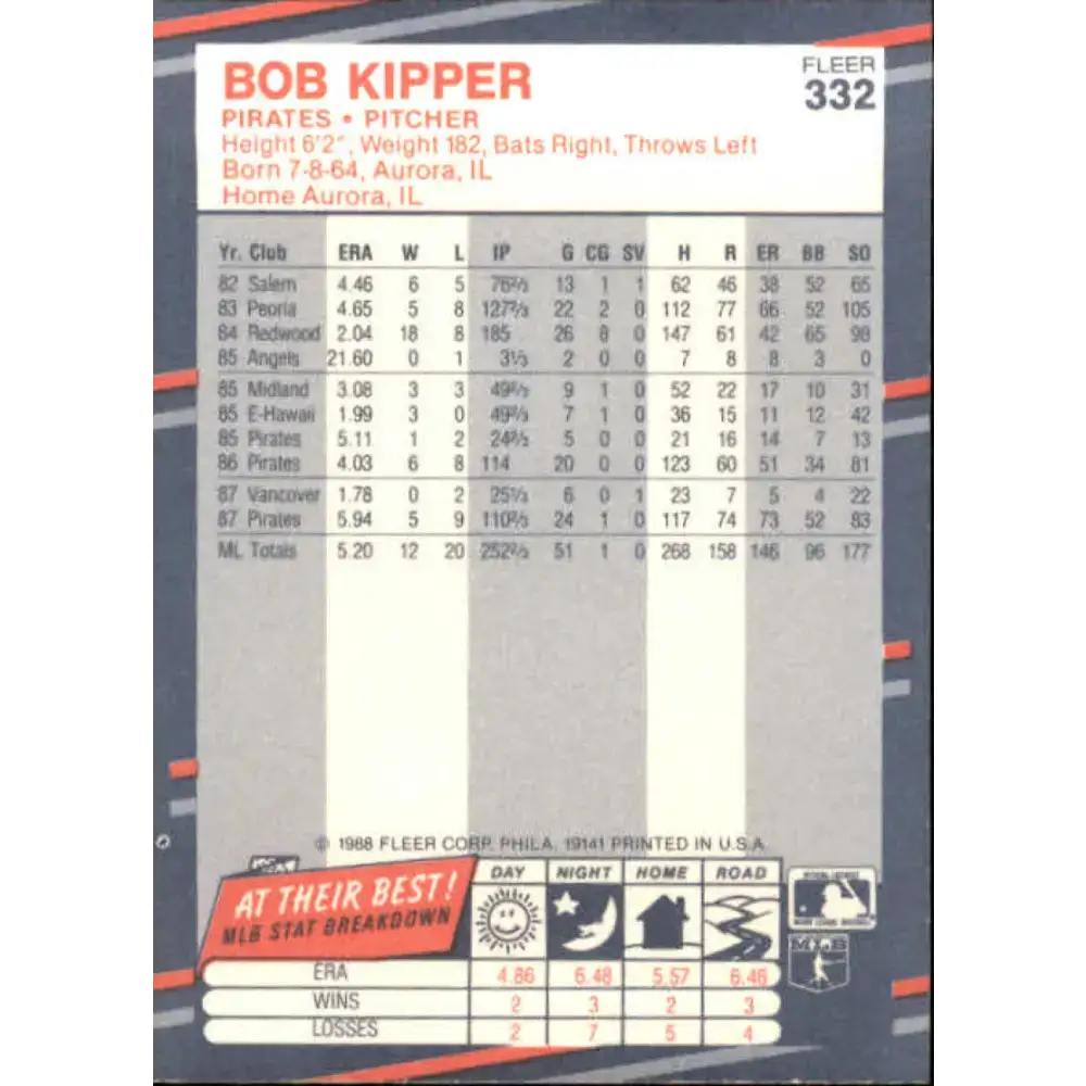 1988 Fleer #332 Bob Kipper EX Excellent Pittsburgh Pirates Baseball Card - Baseball Card Single