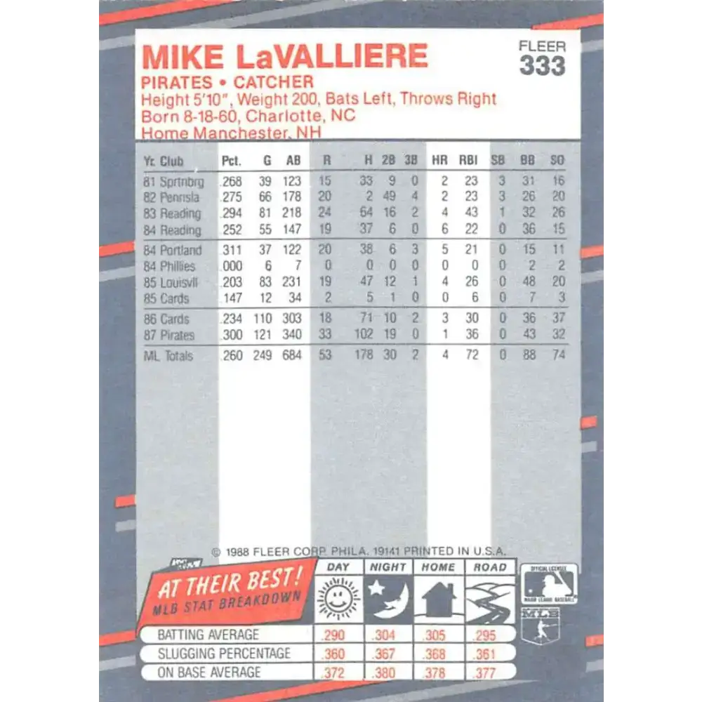 1988 Fleer #333 Mike LaValliere EX Excellent Pittsburgh Pirates Baseball Card - Baseball Card Single