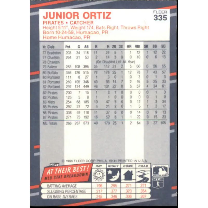 1988 Fleer #335 Junior Ortiz EX Excellent Pittsburgh Pirates Baseball Card - Baseball Card Single