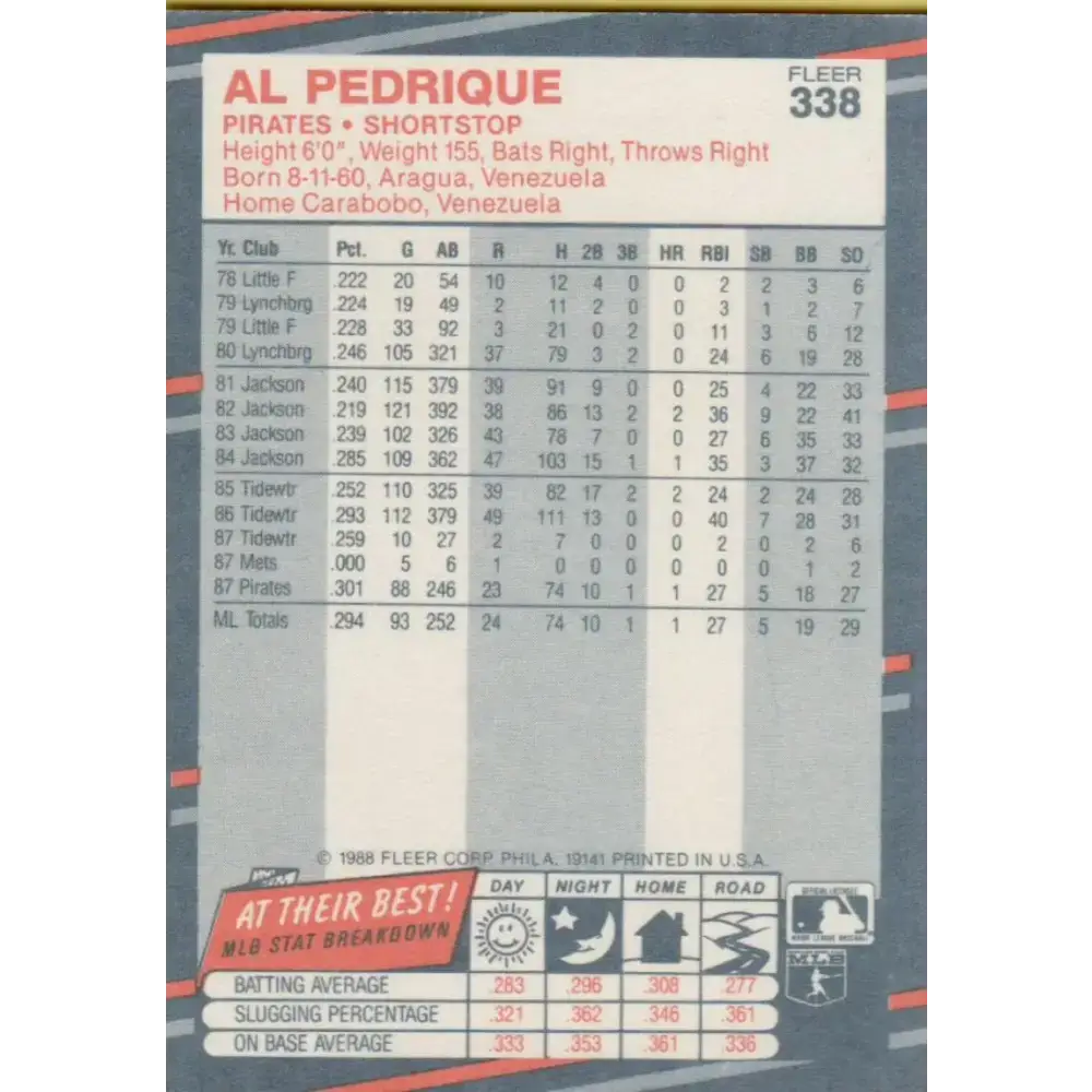 1988 Fleer #338 Al Pedrique EX Excellent Pittsburgh Pirates Baseball Card - Baseball Card Single