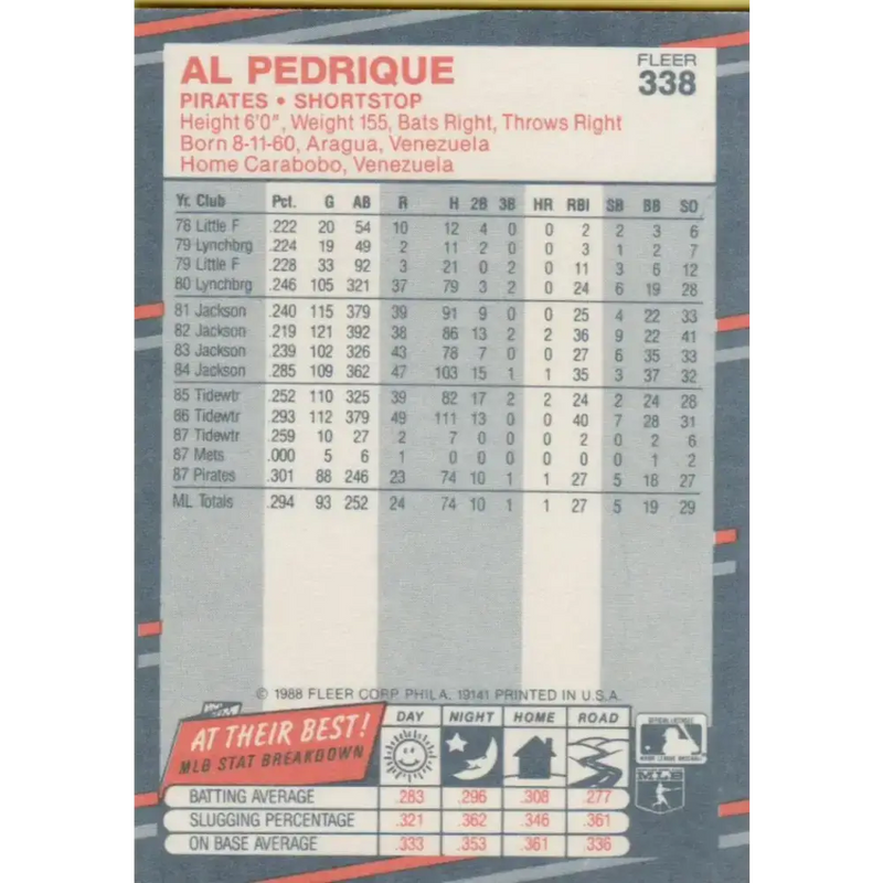 1988 Fleer #338 Al Pedrique EX Excellent Pittsburgh Pirates Baseball Card - Baseball Card Single