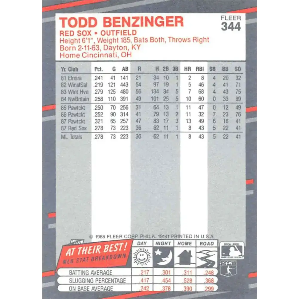 1988 Fleer #344 Todd Benzinger EX Excellent RC Rookie Boston Red Sox Baseball Card - Baseball Card Single