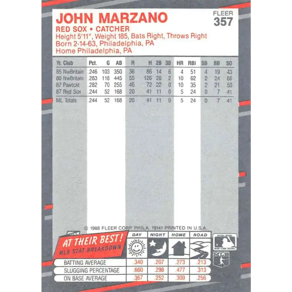 1988 Fleer #357 John Marzano EX Excellent Boston Red Sox Baseball Card - Baseball Card Single