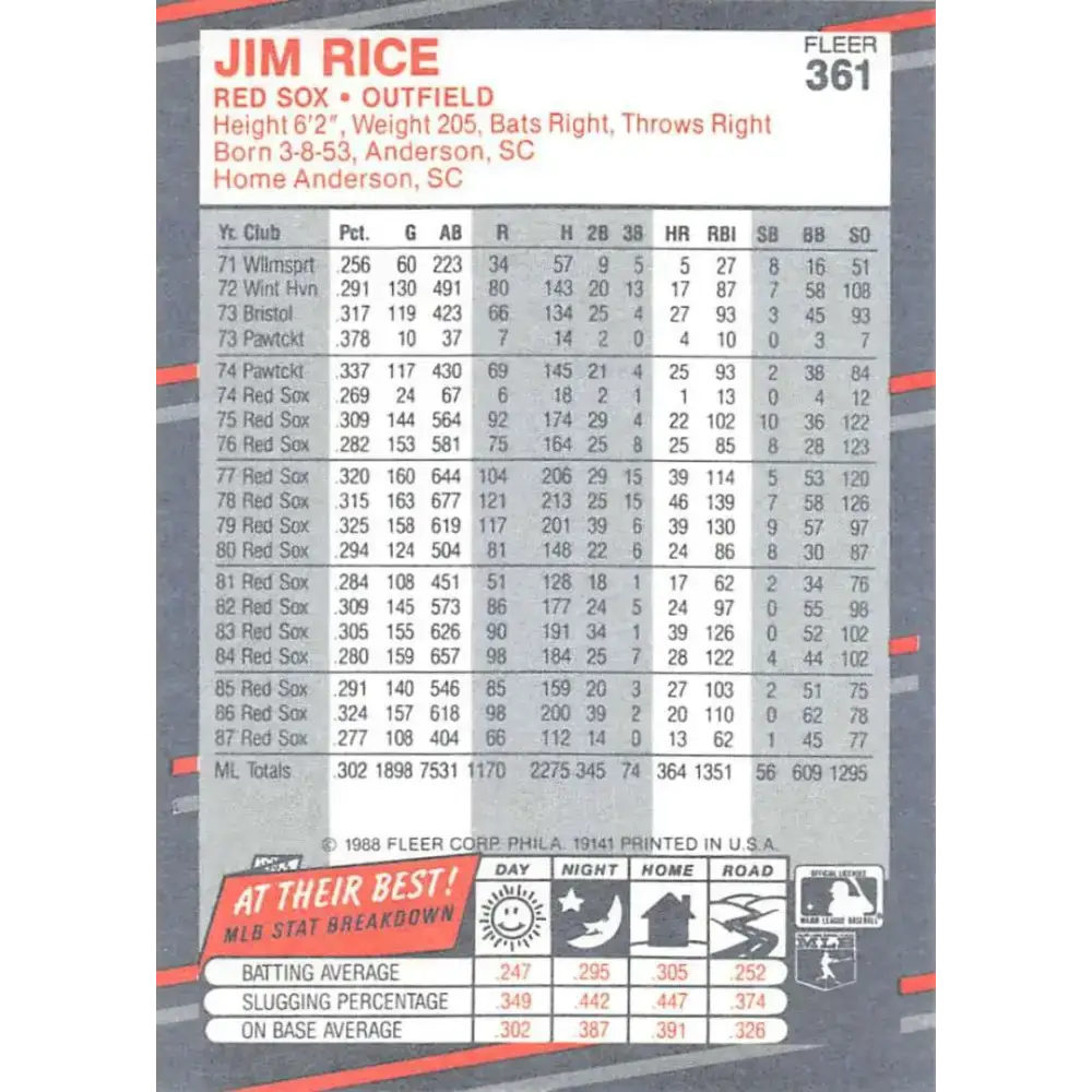 1988 Fleer #361 Jim Rice EX Excellent Boston Red Sox Baseball Card - Baseball Card Single
