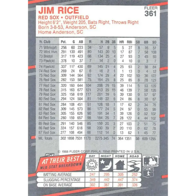 1988 Fleer #361 Jim Rice EX Excellent Boston Red Sox Baseball Card - Baseball Card Single