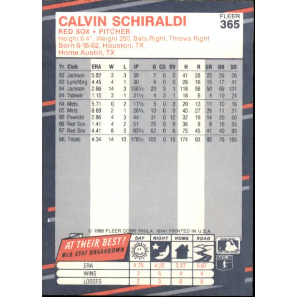 1988 Fleer #365 Calvin Schiraldi EX Excellent Boston Red Sox Baseball Card - Baseball Card Single