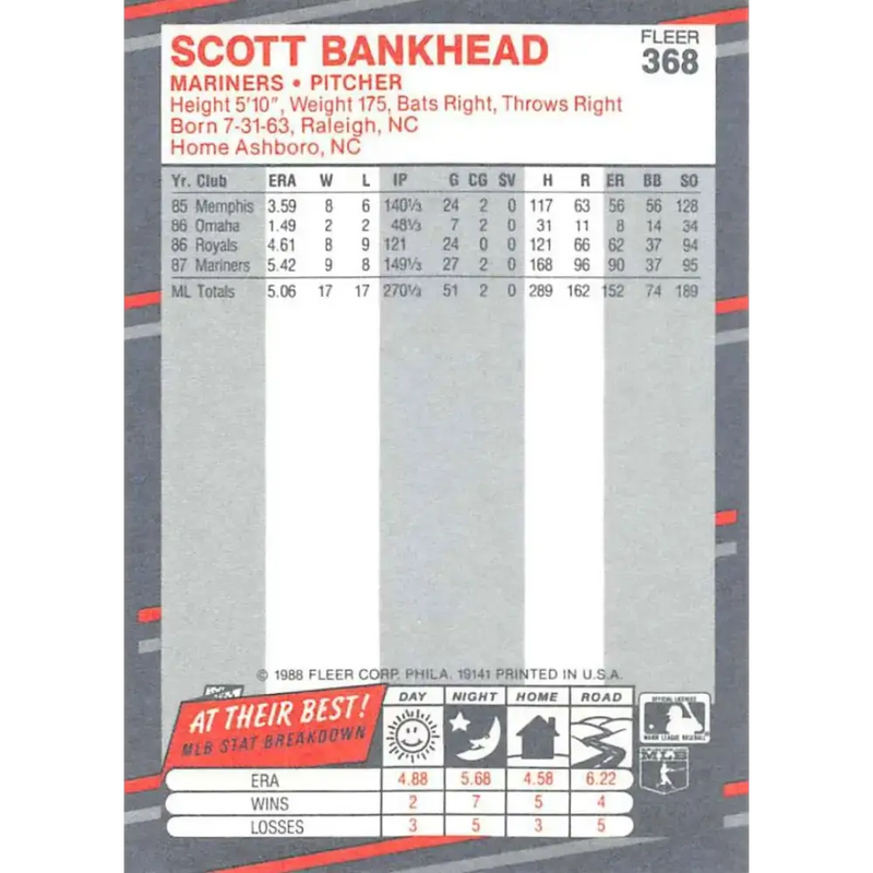 1988 Fleer #368 Scott Bankhead EX Excellent Seattle Mariners Baseball Card - Baseball Card Single