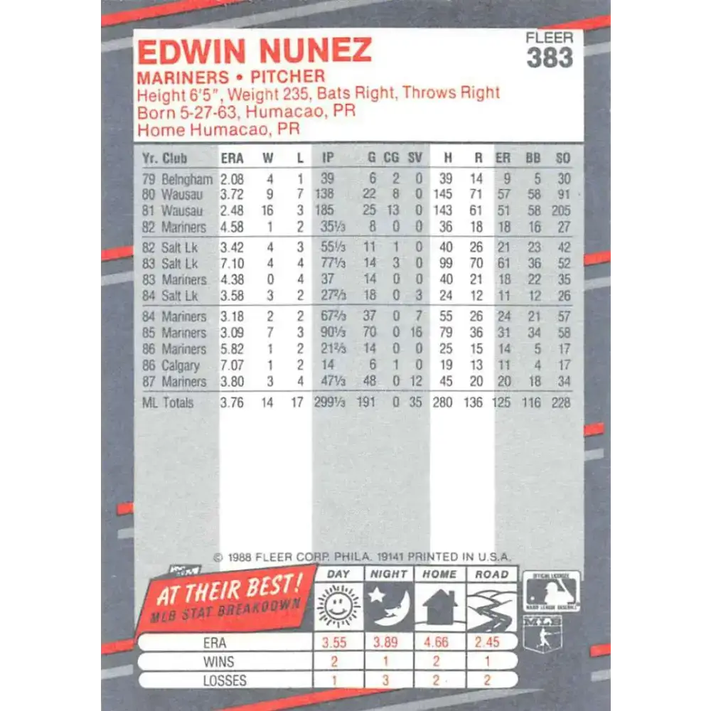 1988 Fleer #383 Edwin Nunez EX Excellent Seattle Mariners Baseball Card - Baseball Card Single