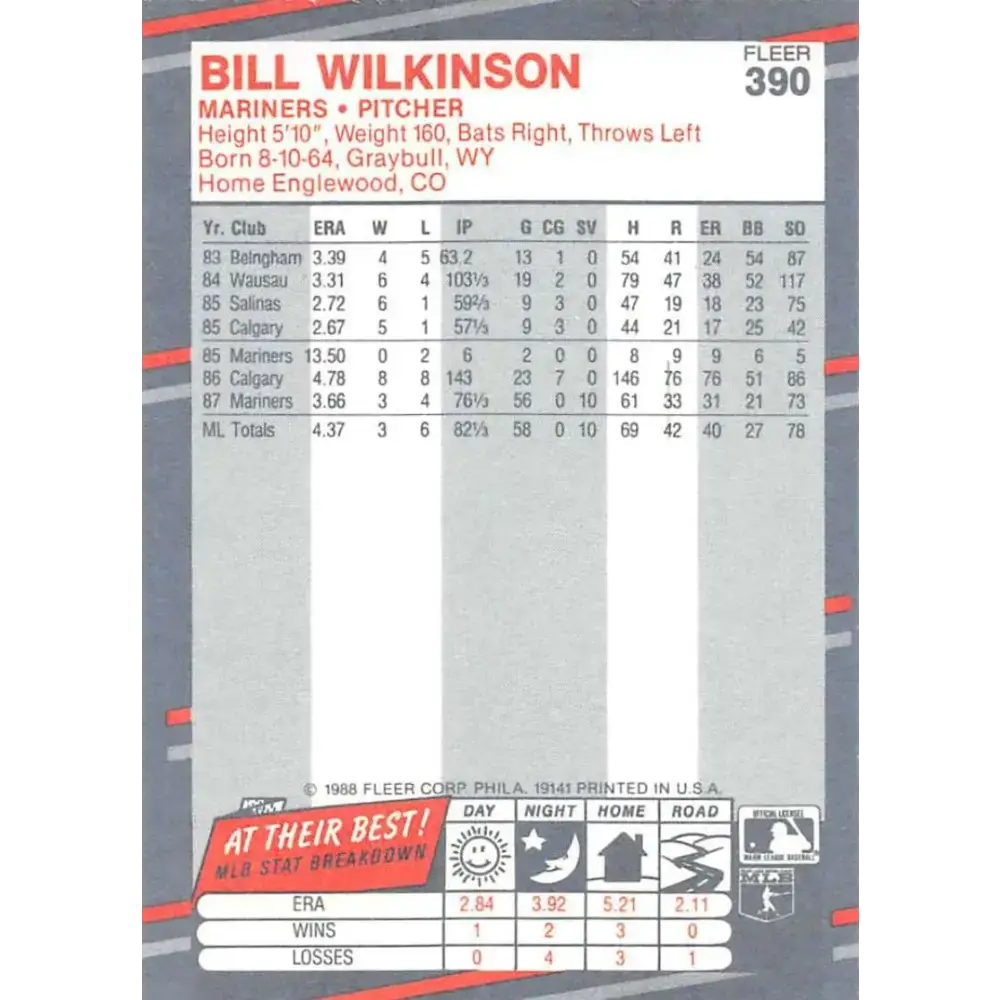 1988 Fleer #390 Bill Wilkinson EX Excellent Seattle Mariners Baseball Card - Baseball Card Single