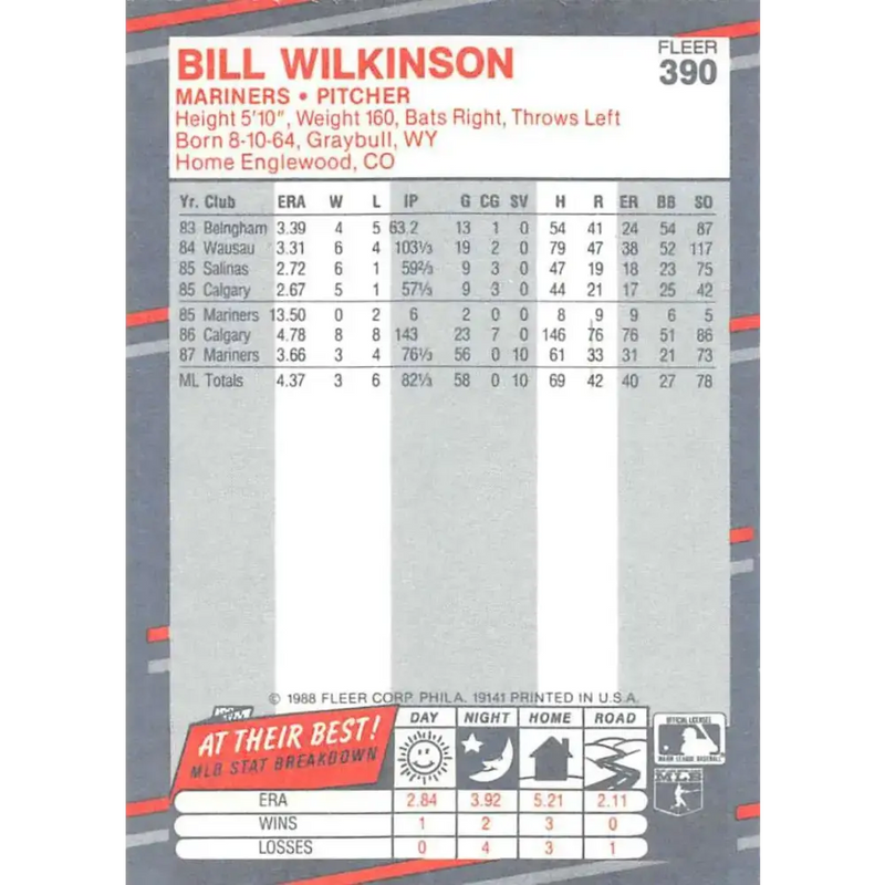 1988 Fleer #390 Bill Wilkinson EX Excellent Seattle Mariners Baseball Card - Baseball Card Single