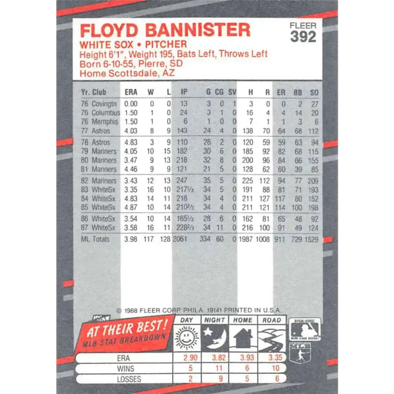 1988 Fleer #392 Floyd Bannister EX Excellent Chicago White Sox Baseball Card - Baseball Card Single
