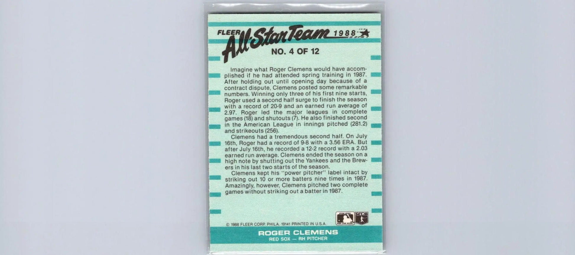 1988 Fleer #4 Roger Clemens All-Star Team baseball card for trading card collectors