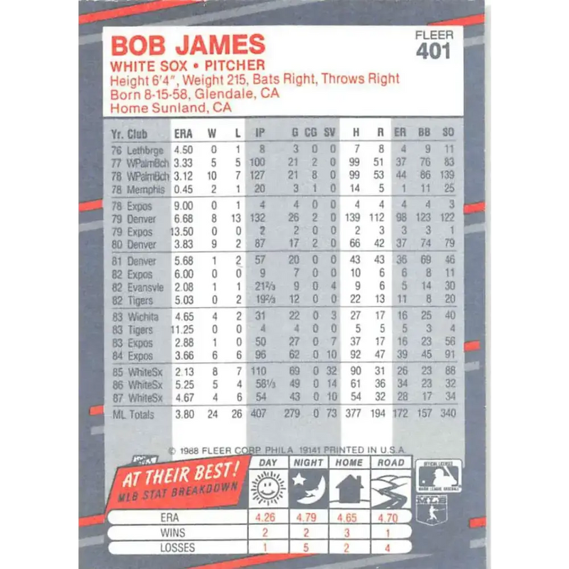 1988 Fleer #401 Bob James EX Excellent Chicago White Sox Baseball Card - Baseball Card Single