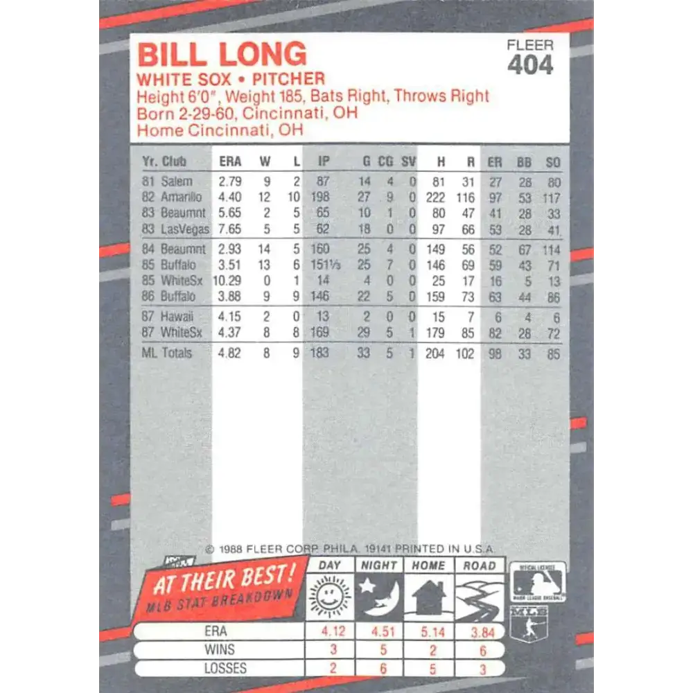 1988 Fleer #404 Bill Long EX Excellent RC Rookie Chicago White Sox Baseball Card - Baseball Card Single