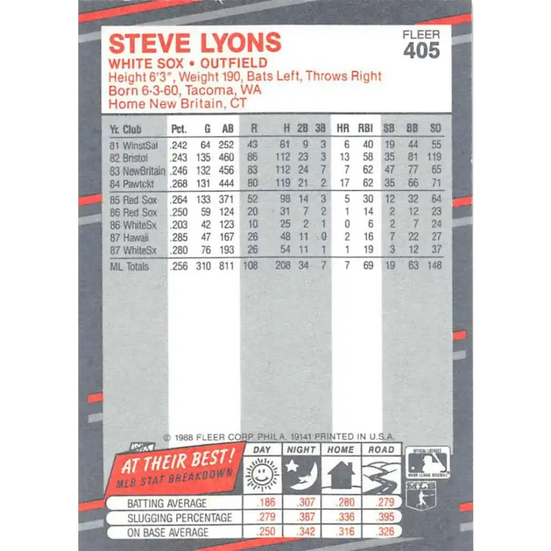 1988 Fleer #405 Steve Lyons EX Excellent Chicago White Sox Baseball Card - Baseball Card Single