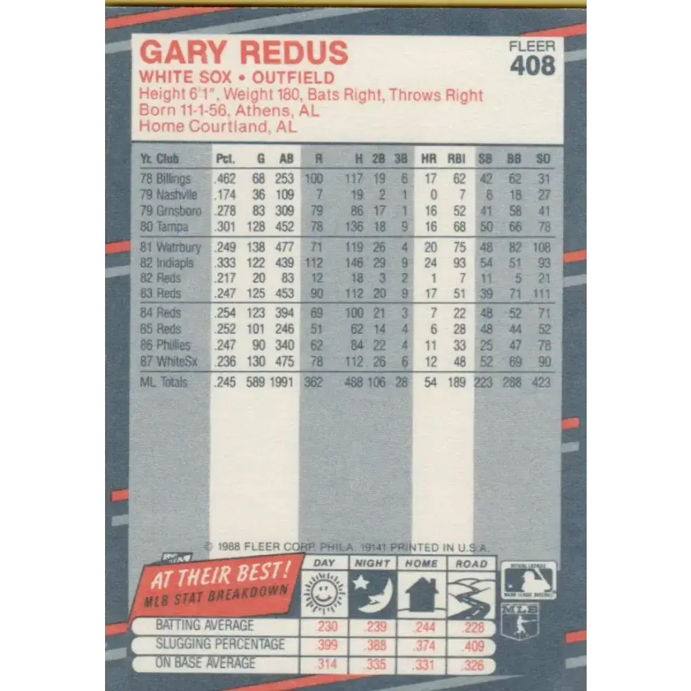 1988 Fleer #408 Gary Redus EX Excellent Chicago White Sox Baseball Card - Baseball Card Single