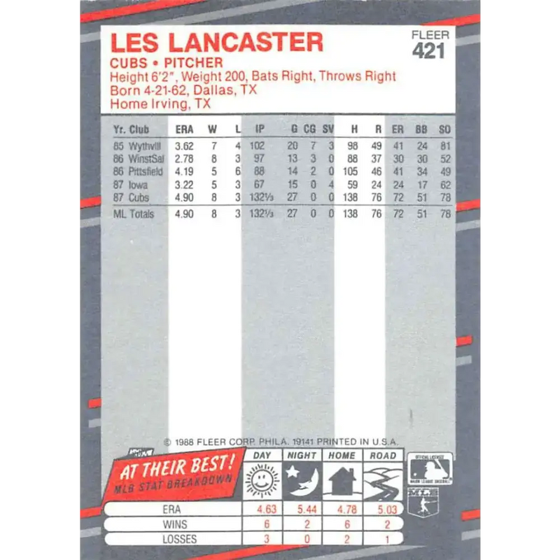 1988 Fleer #421 Les Lancaster EX Excellent RC Rookie Chicago Cubs Baseball Card - Baseball Card Single